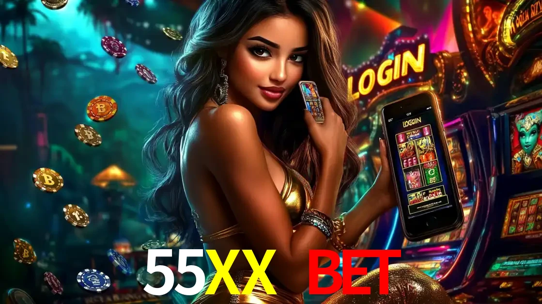 Mulher em um cenário de cassino temático de aventura, mostrando o app de caça-níqueis da 55XX BET no celular. Fichas de apostas flutuam ao redor.