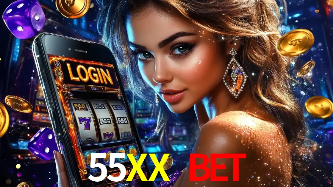 Mulher glamorosa segurando um smartphone com a tela de login para os jogos de caça-níqueis do cassino online 55XX BET, com moedas de ouro e dados ao redor.