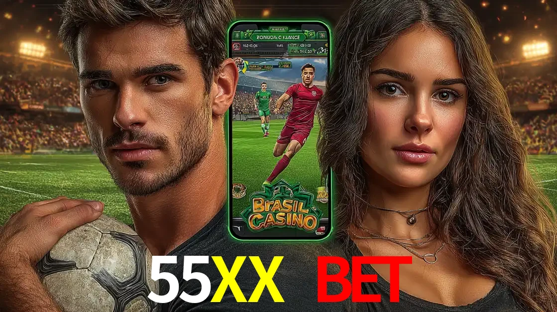 Homem segurando uma bola de futebol e uma mulher ao lado de um smartphone exibindo o jogo de apostas esportivas da 55XX BET. Faça seu palpite no cassino online.